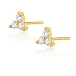 Gold stud earrings with three round clear crystals arranged in triangular cluster formation on white background.