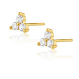 Gold stud earrings with three round clear crystals arranged in triangular cluster formation on white background.