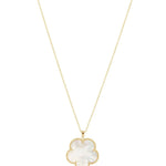 Gold chain necklace featuring a large mother-of-pearl four-leaf clover pendant with milgrain gold border.