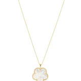 Gold chain necklace featuring a large mother-of-pearl four-leaf clover pendant with milgrain gold border.