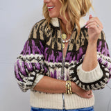 Adley Sweater in purple, brown, and cream Fair Isle knit pattern with zip front, worn with jeans.