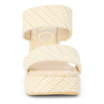 Cream woven raffia platform sandal with two wide straps and espadrille-style flatform sole.