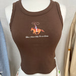 Brown ribbed sleeveless tank top with embroidered cowboy on horse graphic and text