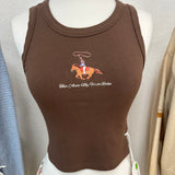 Brown ribbed sleeveless tank top with embroidered cowboy on horse graphic and text