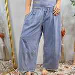 Dusty blue wide-leg cropped lounge pants with fold-over waistband and panel seam detailing