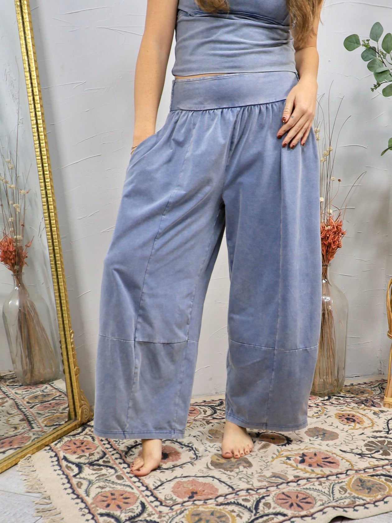 Dusty blue wide-leg cropped lounge pants with fold-over waistband and panel seam detailing