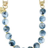 Blue marbled resin beaded bag chain strap with gold clasp hooks and small coin charm accent.