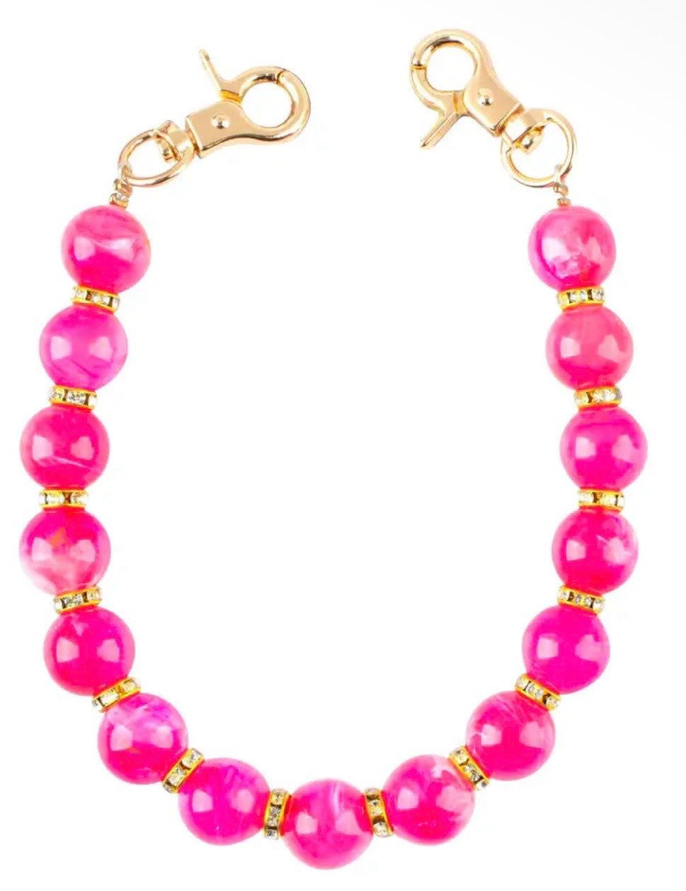 Hot pink beaded bag charm with gold rhinestone spacers and dual swivel lobster clasps