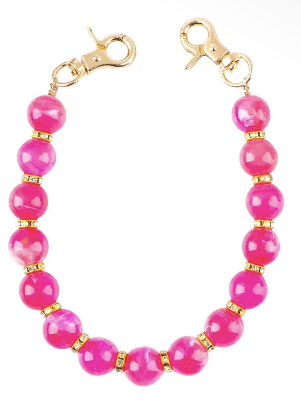 Hot pink beaded bag charm with gold rhinestone spacers and dual swivel lobster clasps