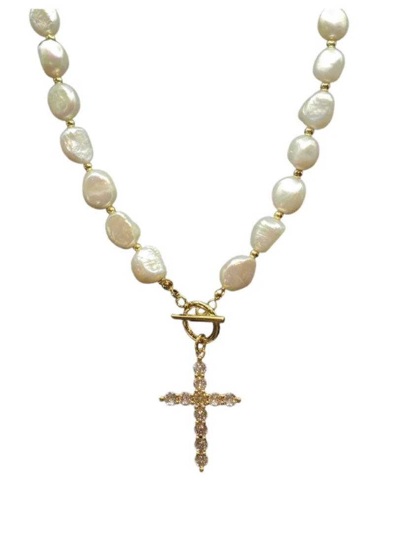 Bezel Cross Necklace With Pearls