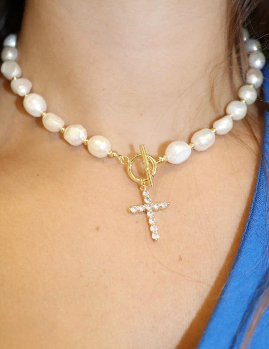 Bezel Cross Necklace With Pearls - Alden+Rose LLC 