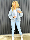 Steve Madden quilted bomber jacket, cinches at wrists or can wear uncinched as well oversized faux pockets and denim color